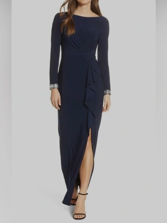 Vince Camuto Dresses & Skirts - Vince Camuto Beaded Draped Stretch Gown 14 Navy Blue Elegant Formal Gala Wedding